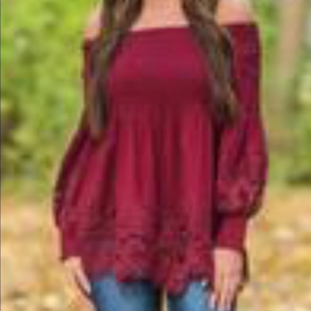 Off Shoulder Wine Smock Top - Picture 2 of 8